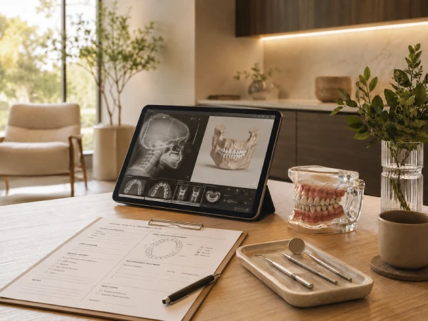 Dental consultation workspace with a digital treatment display, oral health form, and dental model