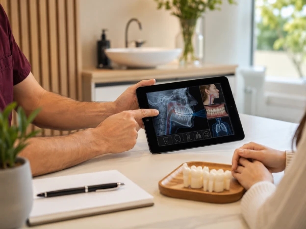 Dr. Kuljic reviewing a digital treatment overview with a patient during a consultation