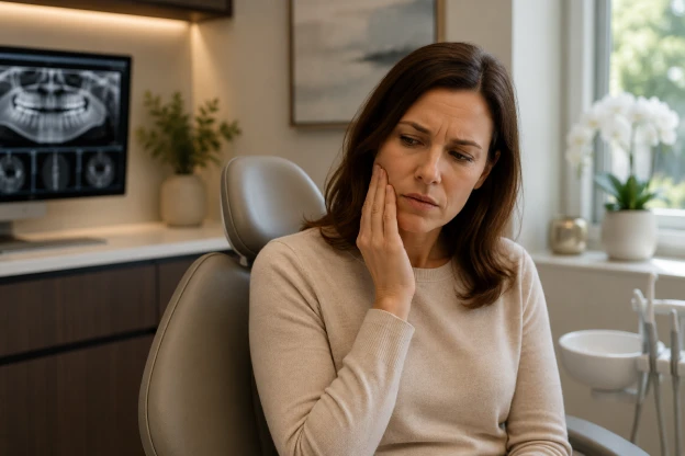 Patient experiencing jaw discomfort in a modern dental consultation room