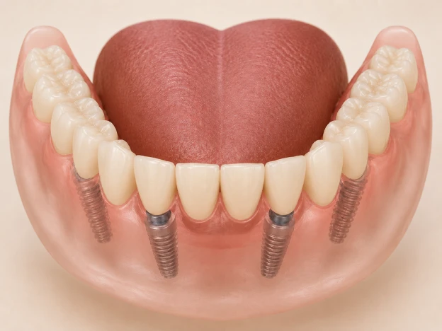 An All-on-4 denture supported by four implants, with the two rear implants angled toward the back of the jaw