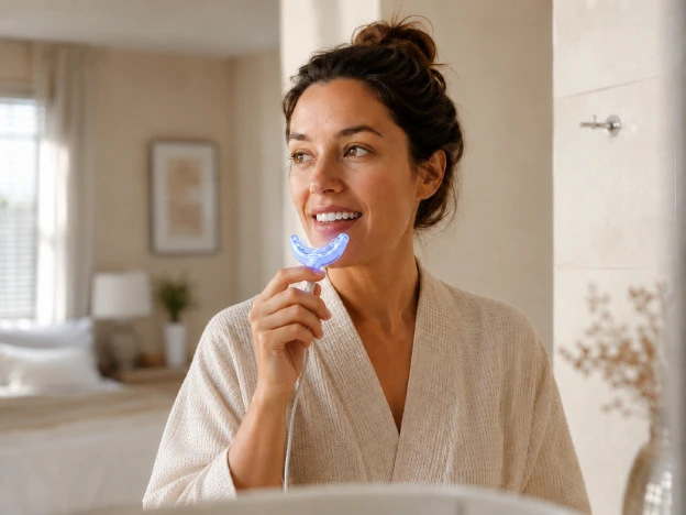 Woman using an at-home teeth whitening tray in a warm bathroom setting