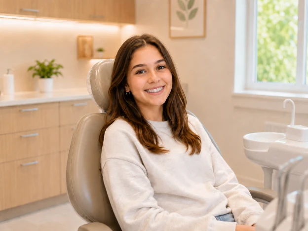 Teenage girl wearing ceramic braces, smiling in the dental chair