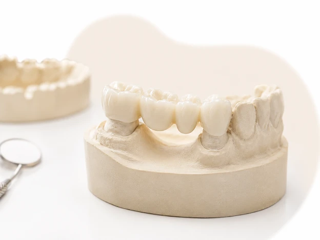Ceramic dental bridge displayed on a plaster tooth model