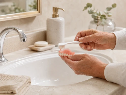 Hands cleaning a denture with a denture brush over a bathroom sink