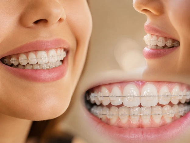 Close-up collage of clear ceramic braces on upper and lower teeth