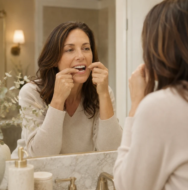Woman flossing her teeth as part of a daily home care routine