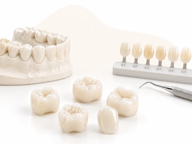 Ceramic dental crowns displayed with a tooth model and shade guide