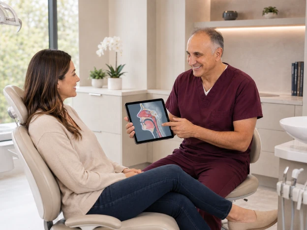 Dr. Kuljic explaining airway and sleep dentistry to a patient during a dental consultation