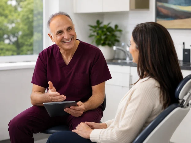 Doctor Kuljic sits with a patient for a consultation