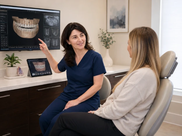 Dr. Natasa Mandic explaining a full mouth reconstruction treatment plan to a patient