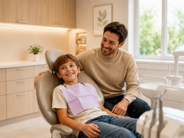 Boy at an early orthodontic evaluation, his father sitting beside him