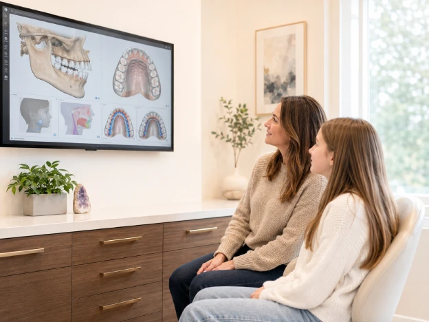 Mother and daughter reviewing a 3D jaw and airway scan during a functional orthodontics consultation