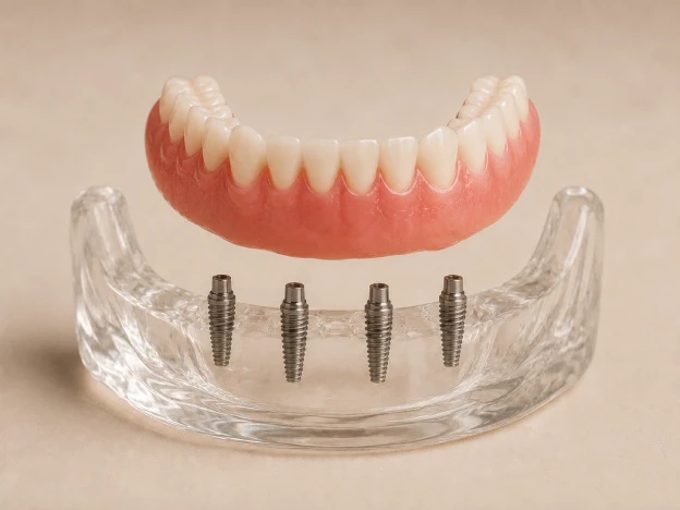 An implant-supported denture positioned above four dental implants in the jaw