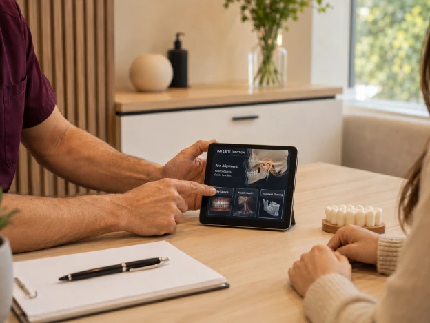 Doctor explaining jaw alignment and bite function to a patient on a tablet during a consultation