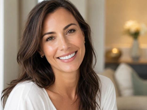 Woman smiling naturally after porcelain veneers treatment